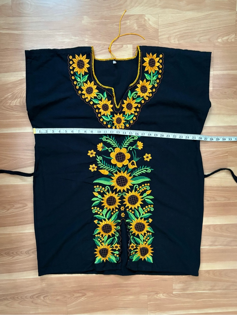 Vintage Mexican Black Embroidered Sunflower Tunic Dress Boho Folk Art Size S-XL - Picture 6 of 14